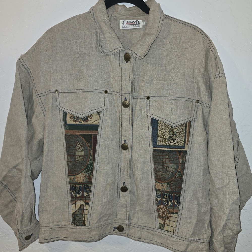 Vintage RIALTO California Linen Embroidered Travel Boat design button up U.S.A L